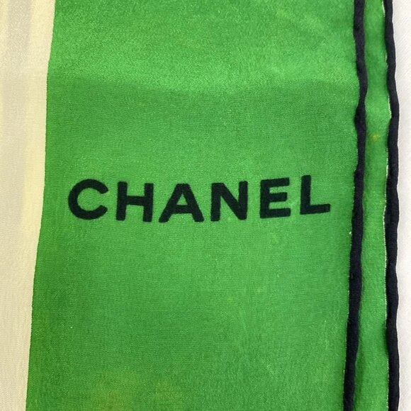 Auth CHANEL - Green Cream Navy Silk Scarf - Picture 12 of 14
